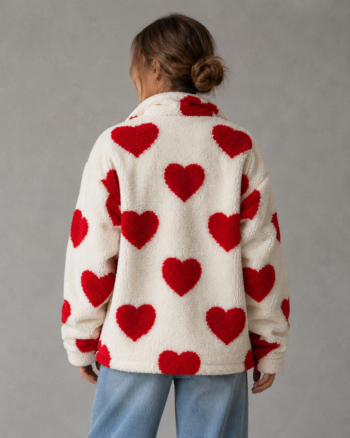 Women's Jacket Teddy Fleece Heart Print Full Zip
