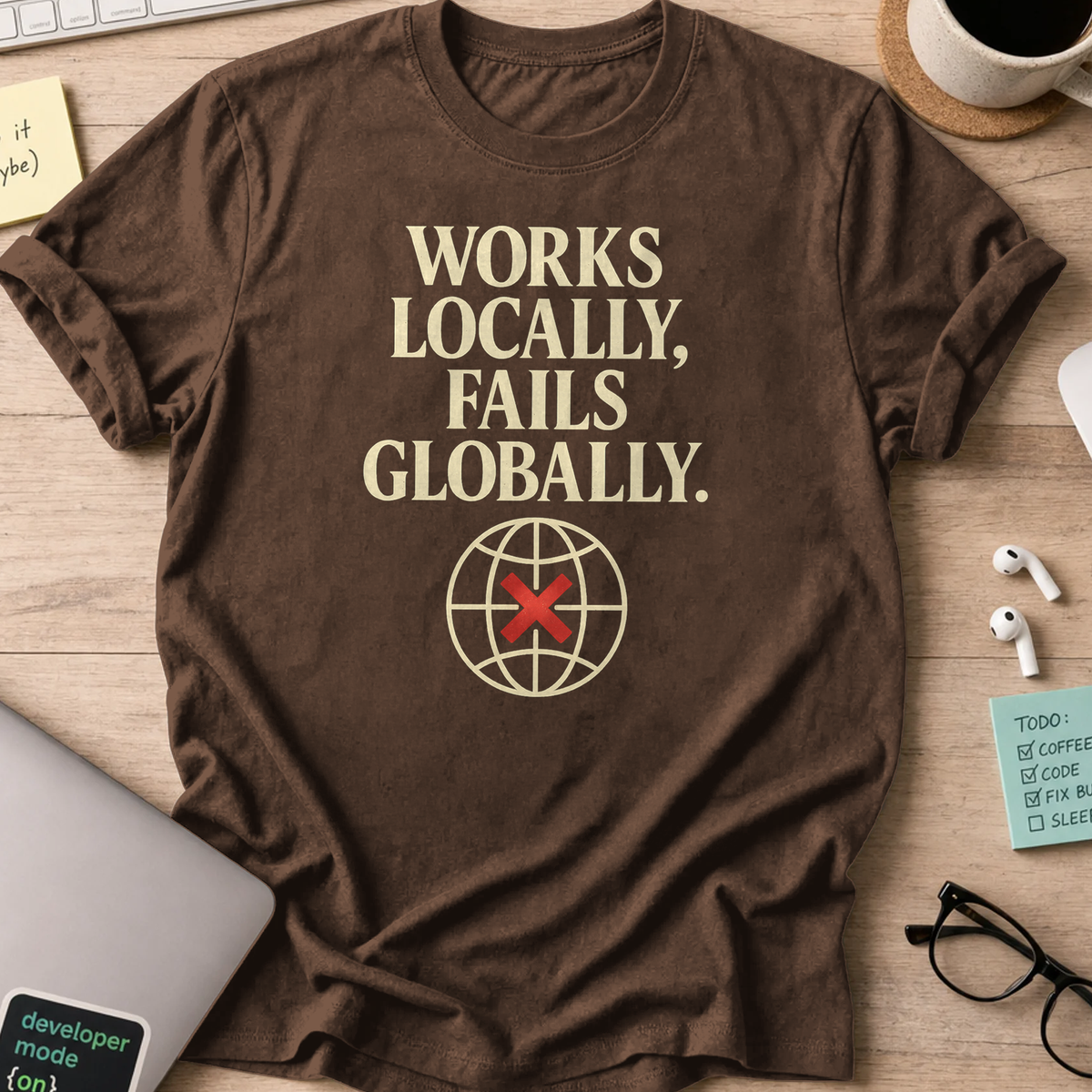 works locally failed globally shirt - Dark Chocolate