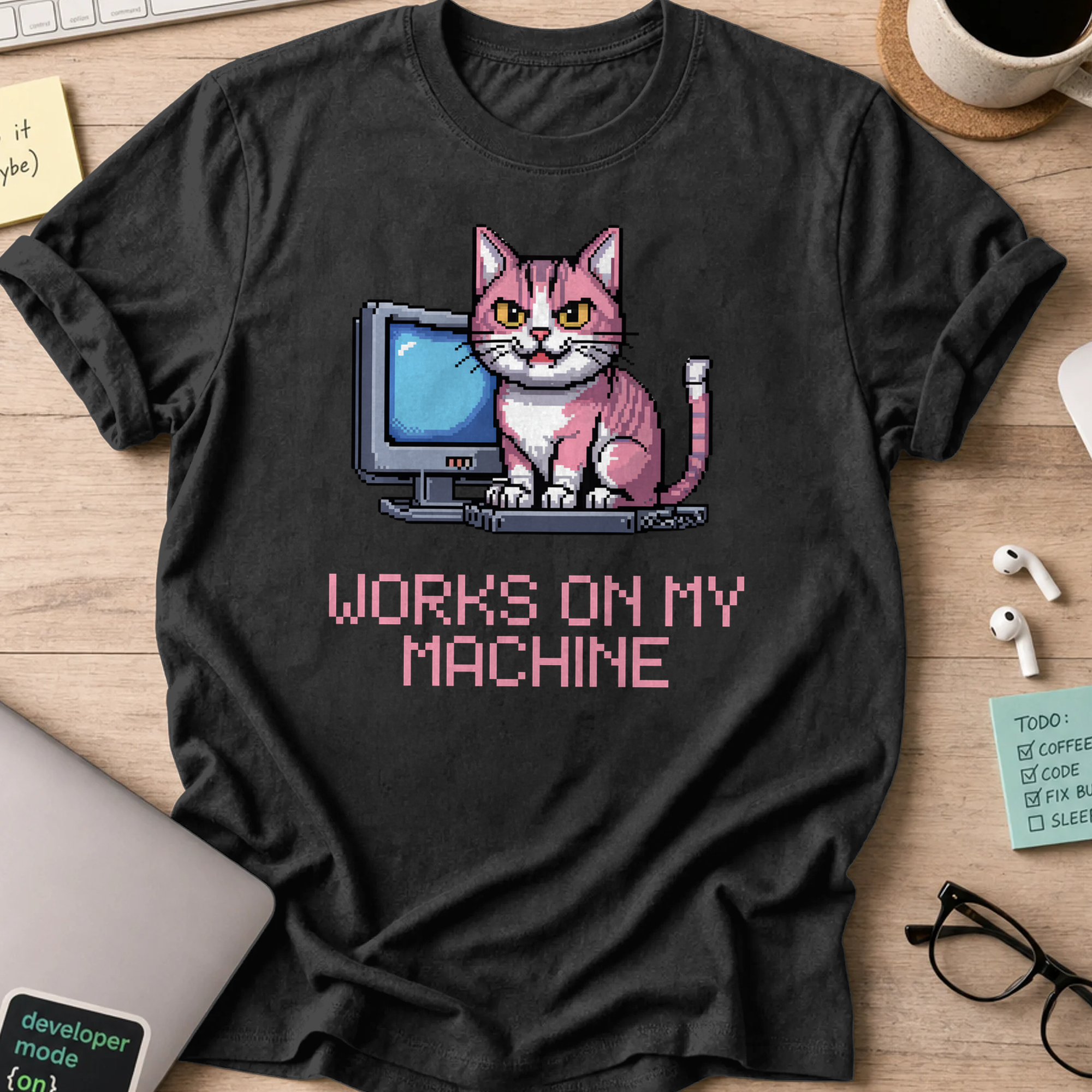 Black programmer shirt printed with "works on my machine", a funny developer t-shirt and coding gift for software engineers and coders.