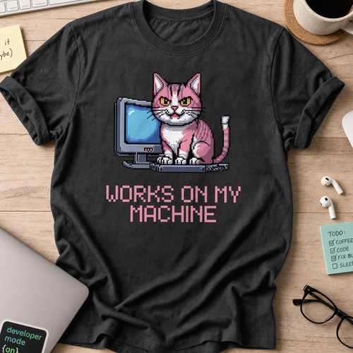 Black programmer shirt printed with "works on my machine", a funny developer t-shirt and coding gift for software engineers and coders.