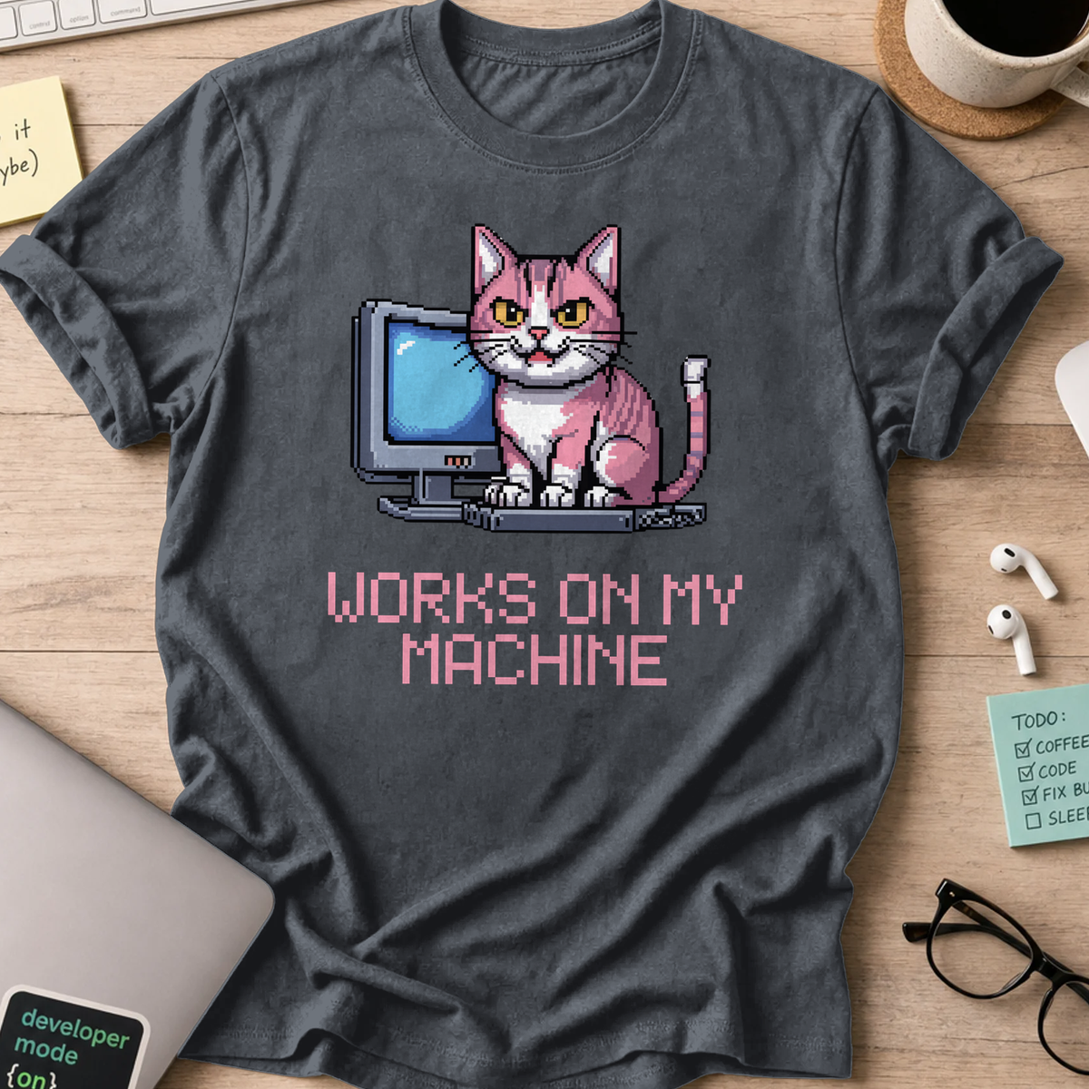Dark Heather Grey programmer shirt printed with "works on my machine", a funny developer t-shirt and coding gift for software engineers and coders.