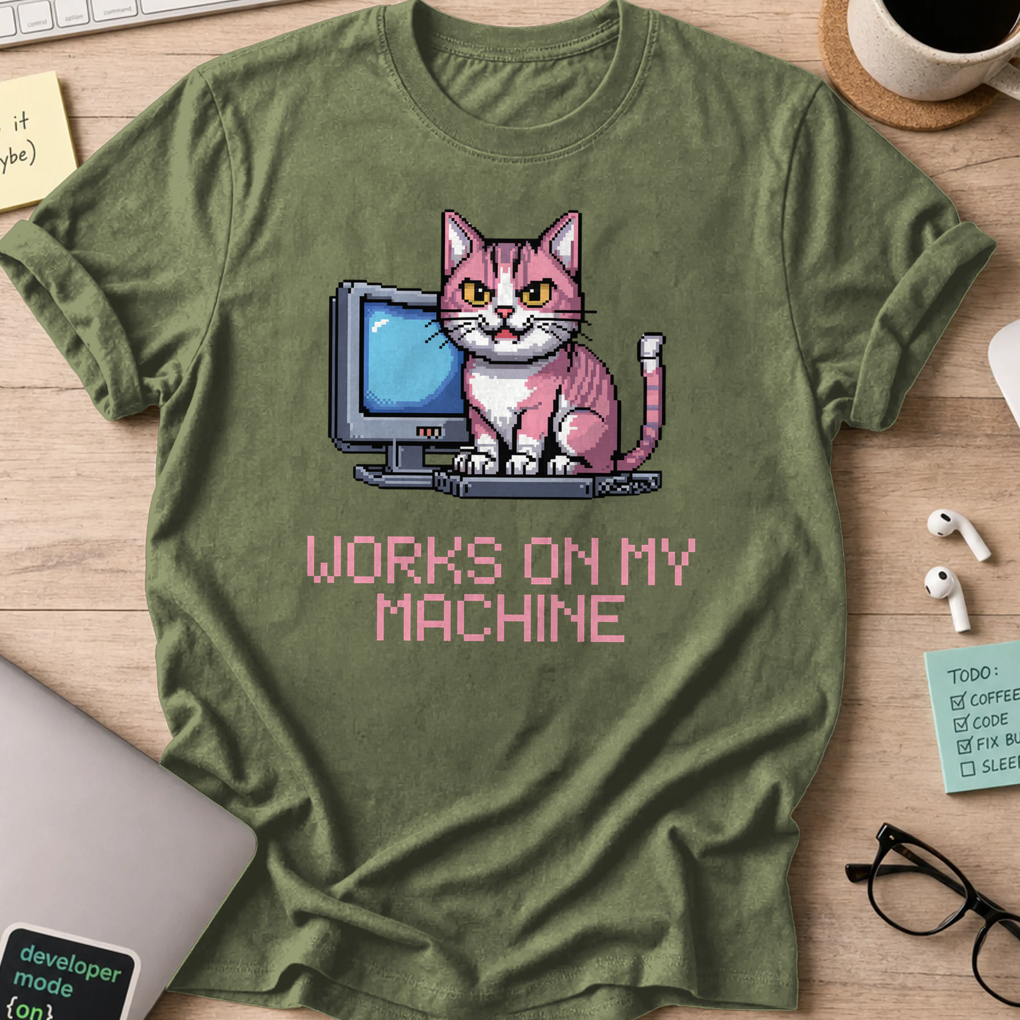 Military Green programmer shirt printed with "works on my machine", a funny developer t-shirt and coding gift for software engineers and coders.