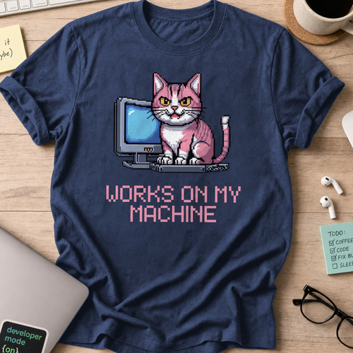 Navy programmer shirt printed with "works on my machine", a funny developer t-shirt and coding gift for software engineers and coders.