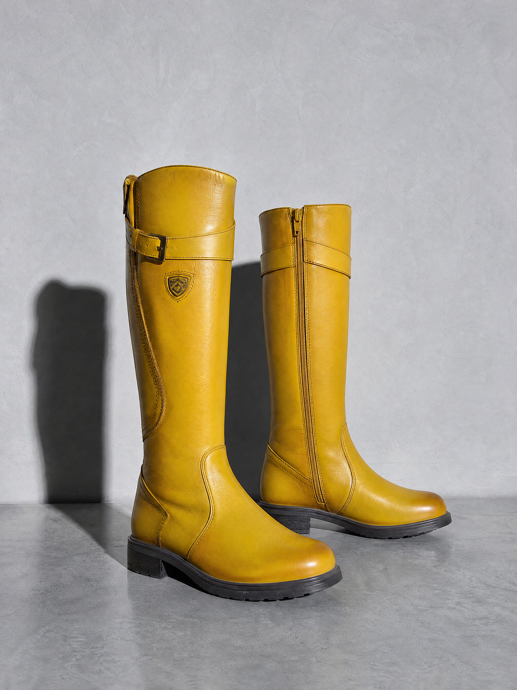Women's mid-tube rider boots - Yellow Premium Leather Finish Shoe Full