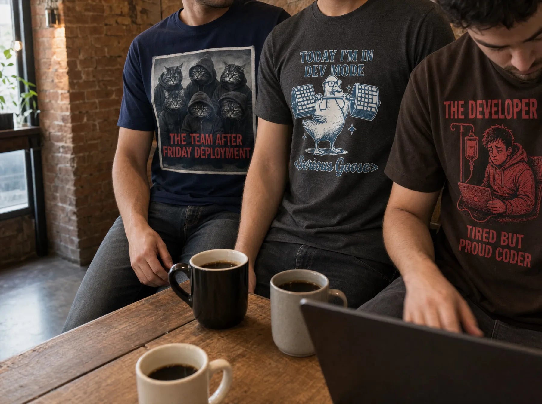 Three developers at a cafe table wearing CodeCulture shirts: The Team After Friday Deployment, Today I'm in Dev Mode (Serious Goose), and The Developer (Tired But Proud Coder)