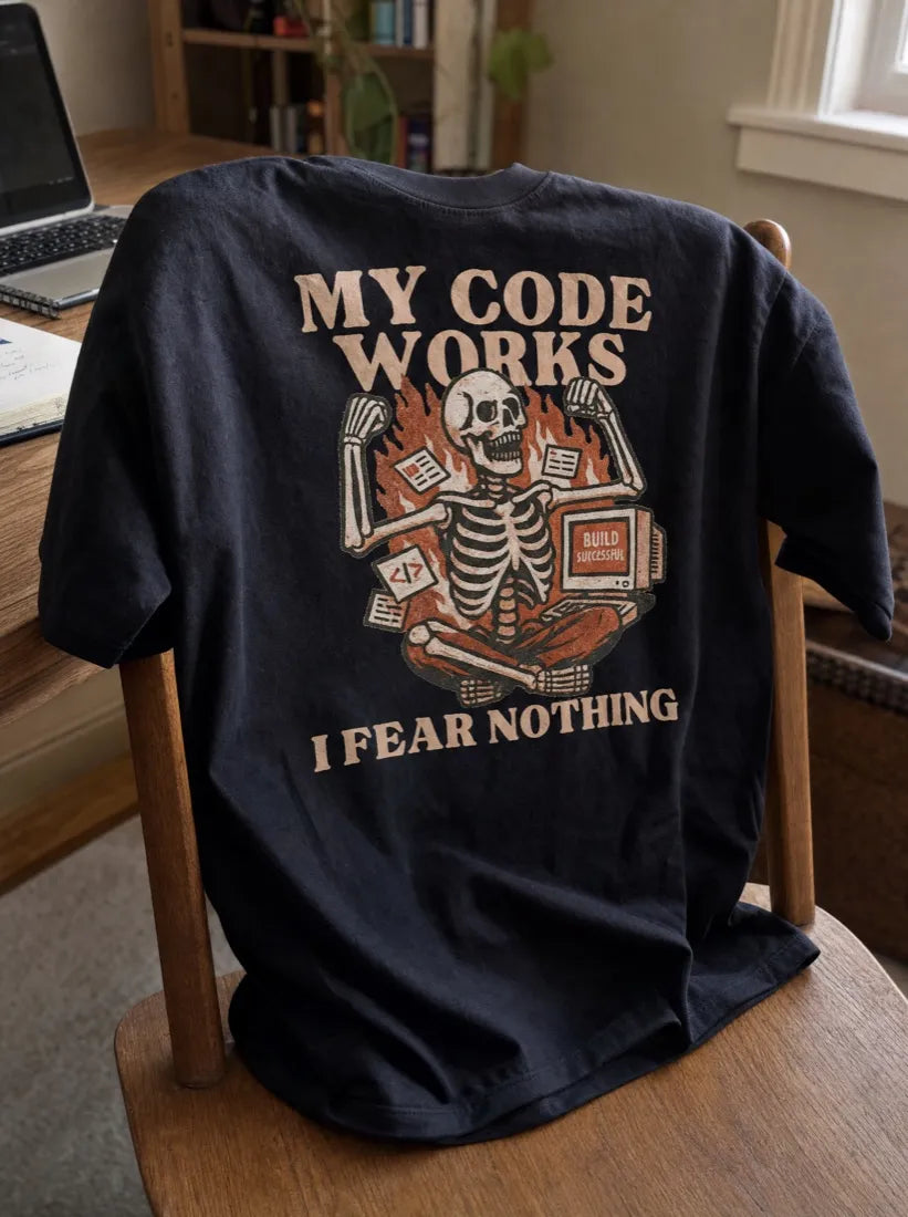 CodeCulture My Code Works I Fear Nothing t-shirt draped over a wooden desk chair